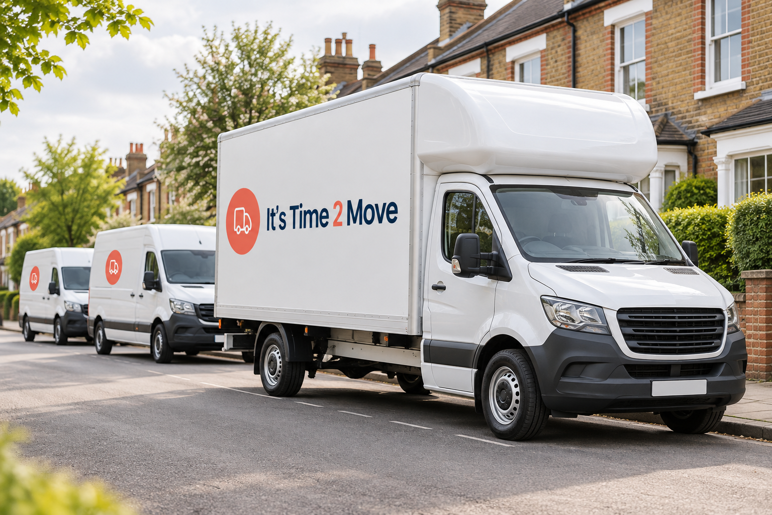 A fleet of white It's Time 2 Move branded box truck and vans parked on a UK residential street